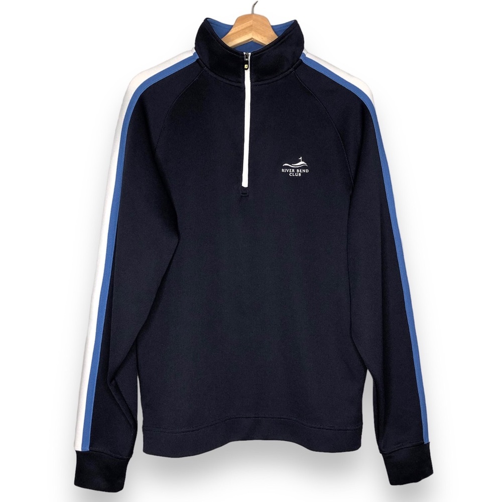 FootJoy Men Golf Sweatshirt Sport Activewear Navy Blue White Strip Sleeve